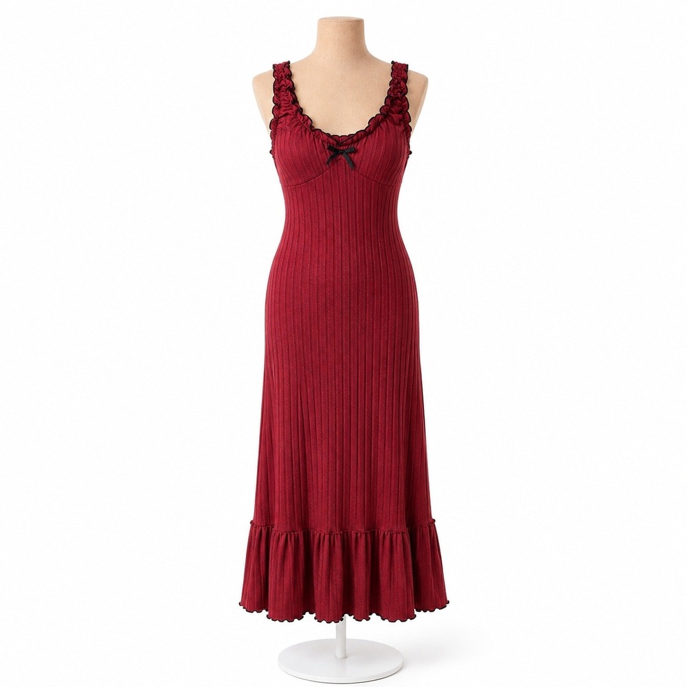 Ribbed Knit Babydoll Bodycon Dress Size M Red Romantic Coquette Sleeveless Fairy